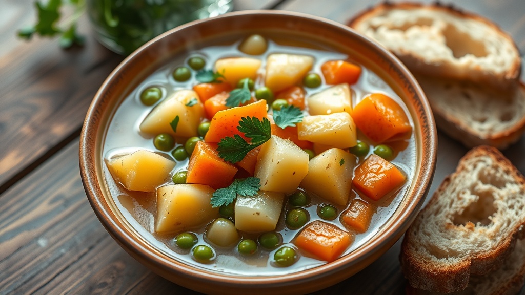 Hearty Potato Stew Recipe A steaming bowl of potato stew with potatoes, carrots, and peas, garnished with parsley, on a rustic table with bread.